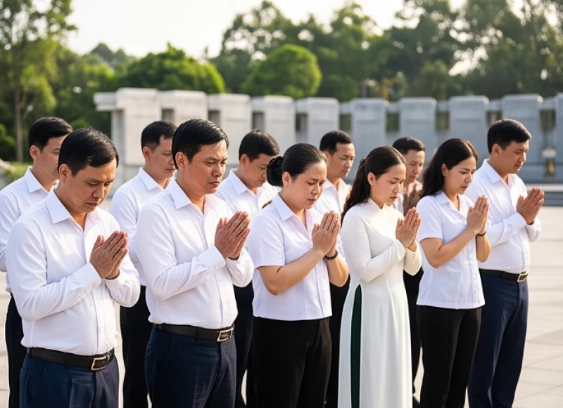 Văn khấn tại đài tưởng niệm liệt sĩ: Bài cúng chuẩn nghi lễ 8 Trưởng đoàn cùng các thành viên trang nghiêm chắp tay cúi đầu mặc niệm trước đài tưởng niệm