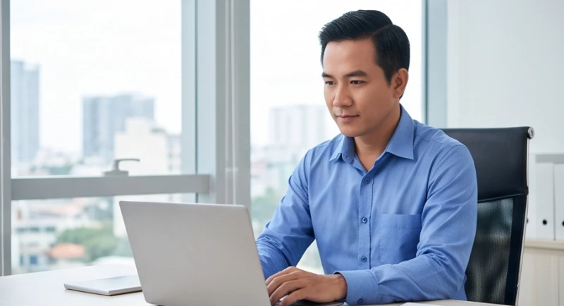Nam doanh nhân với phong thái tự tin đang xử lý công việc tại một không gian làm việc hiện đại