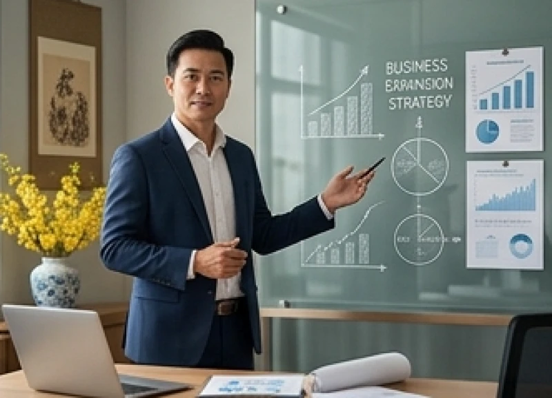 Một doanh nhân đang tự tin trình bày chiến lược mở rộng thị trường trước bảng kế hoạch kinh doanh