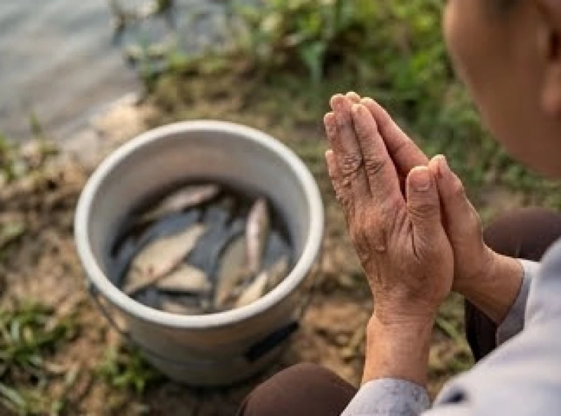Văn khấn thả cá phóng sinh: Bài cúng chuẩn từng dịp và cách thả 2 Đặt xô cá ngay ngắn trên bãi cỏ trong lúc chắp tay đọc bài Bạch Phật