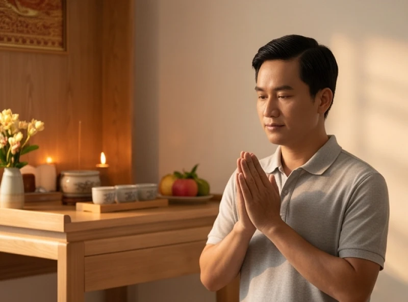 Văn khấn gia tiên hàng ngày: Bài cúng ngắn gọn và mâm lễ tối giản 4 Người đàn ông đứng chắp tay thành kính đọc bài cúng nôm gia tiên