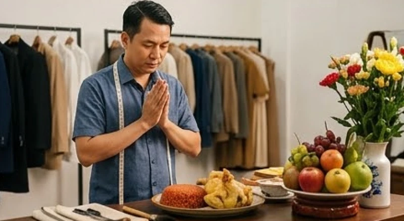 Người thợ may thành tâm chắp tay nhẩm đọc văn khấn cúng tổ nghề trước mâm lễ
