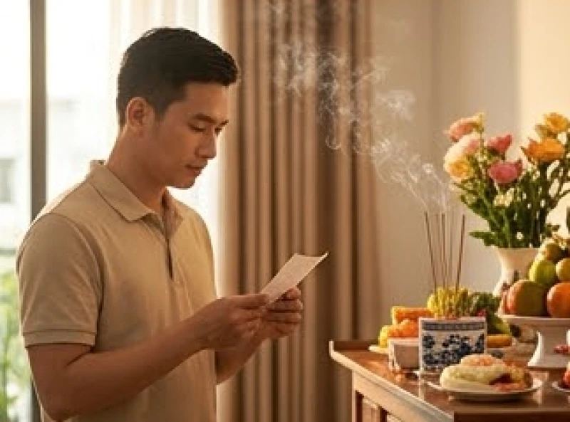 Người cha cầm tờ văn khấn trên tay và đọc rõ ràng thành tâm trước mâm lễ vật dâng các Bà Mụ