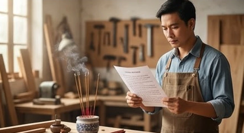 Một người thợ mộc cầm trên tay bản in giấy văn khấn và đọc to rõ ràng trước bàn cúng ở xưởng