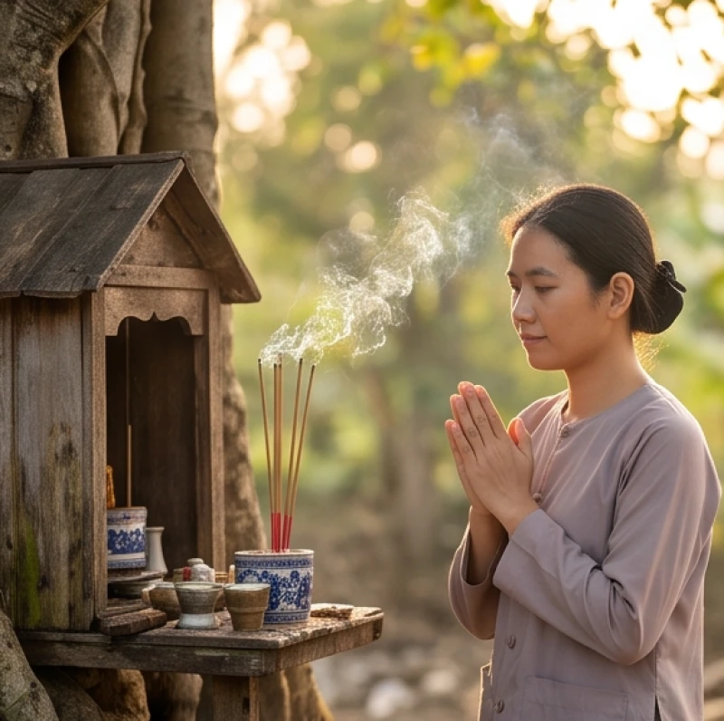 Văn khấn miếu cây: Bài cúng rằm mùng 1 và quy tắc sắm lễ 6 Người đàn ông chắp tay đọc bài văn khấn miếu cây với thái độ thành tâm, trang nghiêm