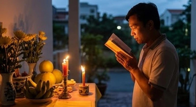 Tín chủ chắp tay nghiêm trang đọc văn khấn sao Kế Đô trước bàn lễ