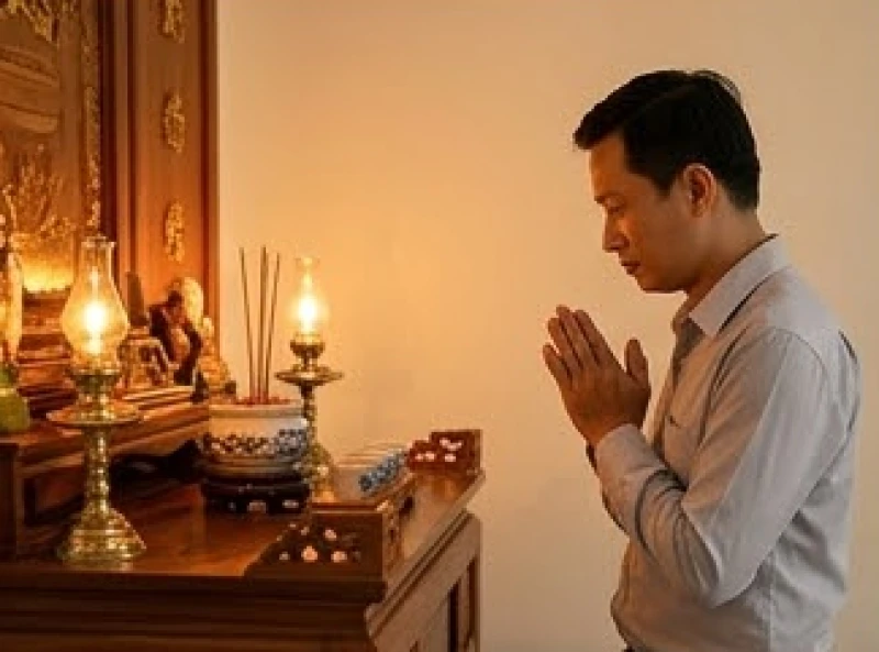 Văn khấn xin phép Thổ Công cho trẻ về nhà: Trình tự và bài cúng 9 Người chủ gia đình chắp tay thành kính đứng trước ban thờ đọc rõ ràng từng lời trong bài văn khấn Thổ Công