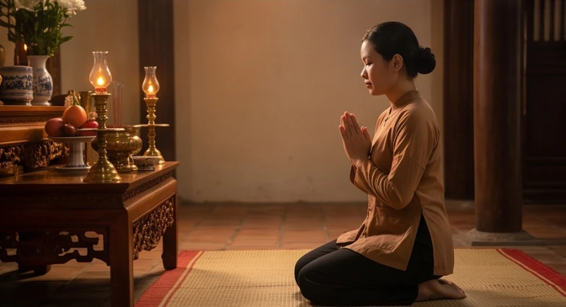 Gia chủ chắp tay trang nghiêm đọc bài khấn xin lộc Bà Chúa Năm Phương trước án