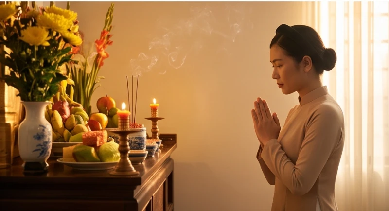 Gia chủ chắp tay thành kính đứng trước bàn thờ gia thần để tấu trình bài văn khấn ngày vía Bà Bổn Mạng