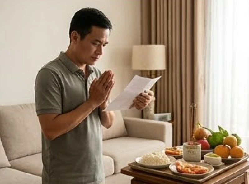 Gia chủ đang chắp tay thành kính đọc bài văn khấn sửa chữa nhà nhỏ trước mâm lễ vật đang nghi ngút khói hương.