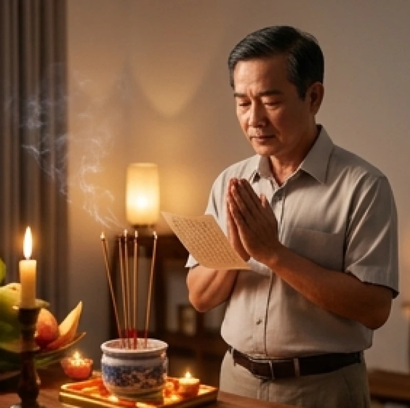 Gia chủ chắp tay thành kính đọc bài văn khấn tạ đất sau nhập trạch trước mâm lễ
