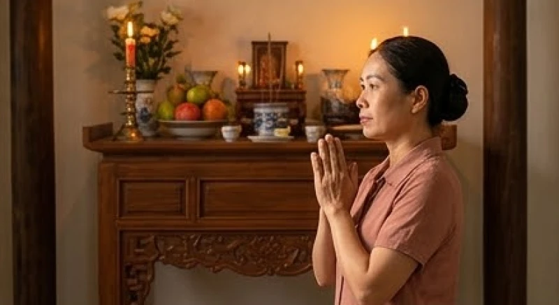 Gia chủ chắp tay hình búp sen đứng trang nghiêm đọc văn khấn tạ ơn trước bàn thờ