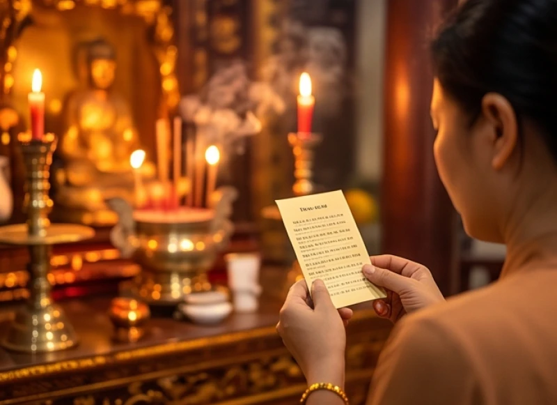 Văn khấn Quan Lớn Tuần Tranh: Bài khấn chuẩn và cẩm nang dâng lễ 7 Tín chủ cầm tờ giấy ghi rõ tên tuổi, địa chỉ đang chăm chú đọc lời kêu cầu trước ánh sáng lung linh của nến và hương