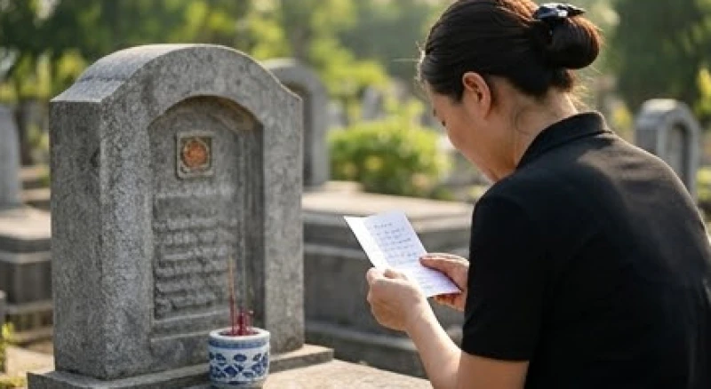Người cúng cầm tờ giấy chép sẵn bài khấn để đọc rành mạch trước bia mộ