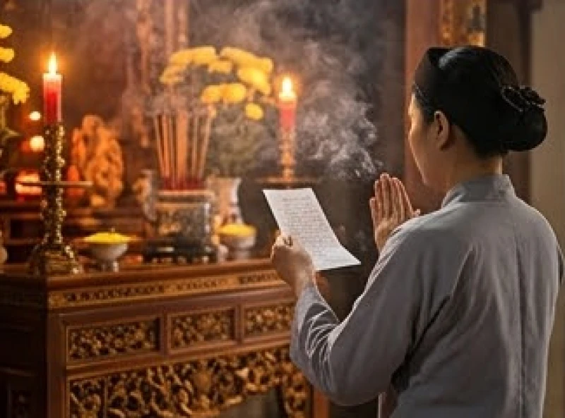 Một người chắp tay trước ngực trang nghiêm đọc nhẩm văn khấn cầu an trước ban thờ nghi ngút khói hương