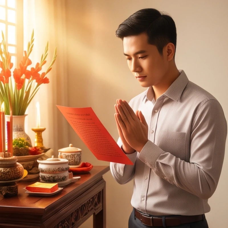 Văn khấn thôi nôi bé trai: Toàn văn đầy đủ danh xưng và cách sắm lễ 5 Người cha mặc áo sơ mi lịch sự đang chắp tay đọc bài văn khấn thôi nôi bé trai