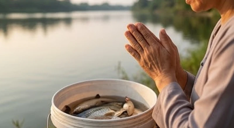 Văn khấn phóng sinh Rằm tháng 7: Bài chuẩn & cách thả an lành 5 Cận cảnh đôi bàn tay chắp lại trang nghiêm bên bờ hồ khi đang nhẩm đọc bài văn khấn phóng sinh rằm tháng 7