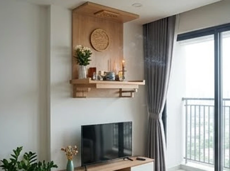Ban thờ treo tường hiện đại trong một căn hộ chung cư cao tầng với bát hương tỏa khói nhang mỏng nhẹ