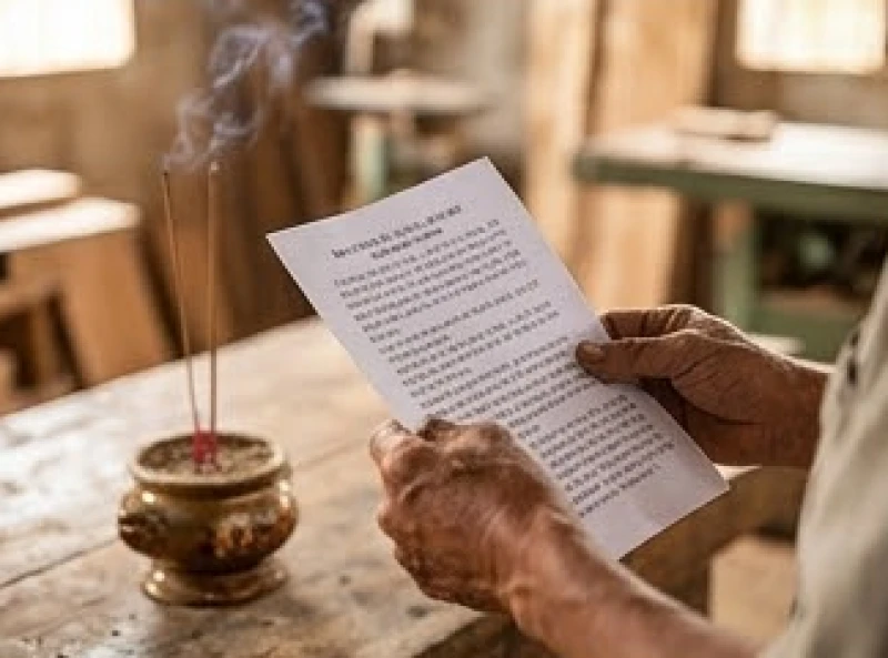 Thợ mộc cầm trên tay tờ giấy in sẵn bài văn khấn tổ nghề, đứng trang nghiêm trước án thờ để đọc rõ ràng