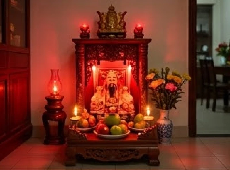 Ban thờ Thần Tài Thổ Địa đặt dưới nền nhà với mâm cúng hoa quả sáng rực rỡ dưới ánh đèn đỏ đặc trưng