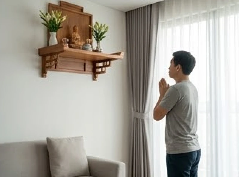 Gia chủ thành tâm chắp tay báo cáo gia thần và đọc bài khấn Tam Bảo trước bàn thờ gia đình