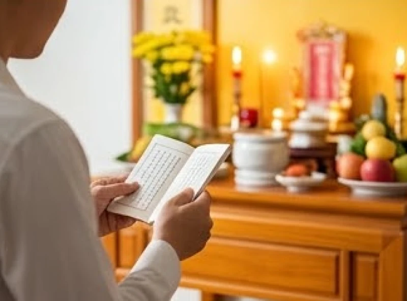 Văn khấn vong linh người mới mất: Mẫu chuẩn Nôm & Phật giáo 9 Cầm cuốn sách nhỏ đọc kinh chú nguyện theo nghi thức Phật giáo tại bàn thờ vong