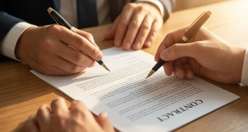 Bàn tay cầm bút đang rà soát kỹ lưỡng các điều khoản chi tiết trên một bản hợp đồng giấy tờ quan trọng