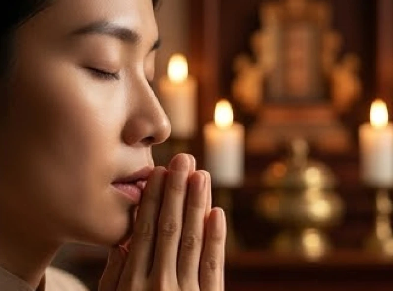 Người chủ lễ khép hờ khẩu hình miệng và đọc lầm rầm văn cúng trước mâm cỗ gia tiên