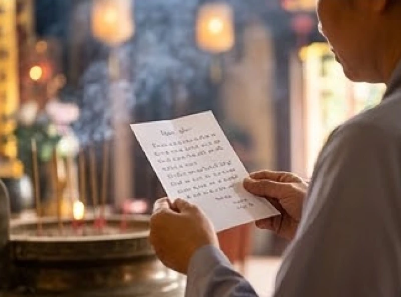 Văn khấn Vu Lan tại chùa: Trình tự hành lễ và bài cúng chuẩn 10 Một tờ giấy chép tay bài văn khấn cầu an được Phật tử cầm cẩn thận khi đứng thắp hương