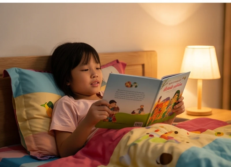 Bé đang nằm trên giường say sưa đọc một cuốn truyện tranh thiếu nhi vào buổi tối