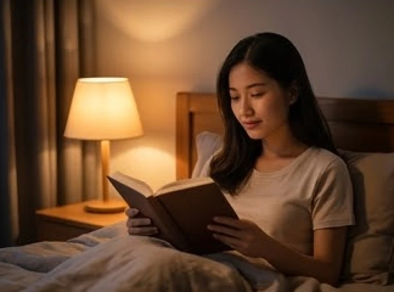 Cô gái đang thư giãn đọc cuốn sách dưới ánh đèn vàng ấm áp trên chiếc giường êm ái