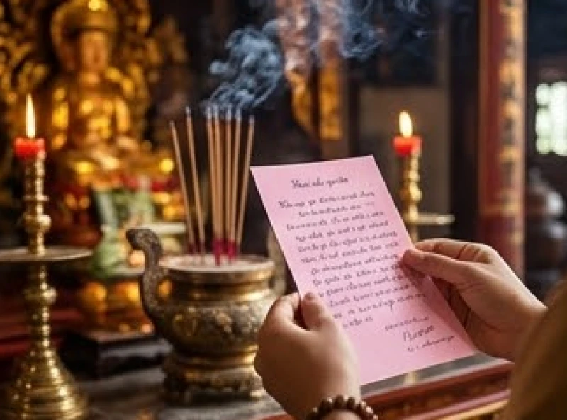 Văn khấn Đền Quốc Mẫu Tây Thiên: Văn bản chuẩn & Hướng dẫn sắm lễ 9 Một tín chủ đang cầm tờ giấy chép sẵn bài văn khấn Đền Quốc Mẫu Tây Thiên để đọc trước ban thờ