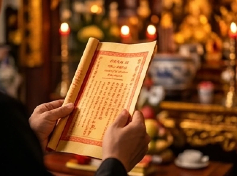 Tờ sớ đỏ ghi rõ tên tuổi và nguyện vọng tạ ơn được nâng cẩn thận trên tay người đi lễ trước án