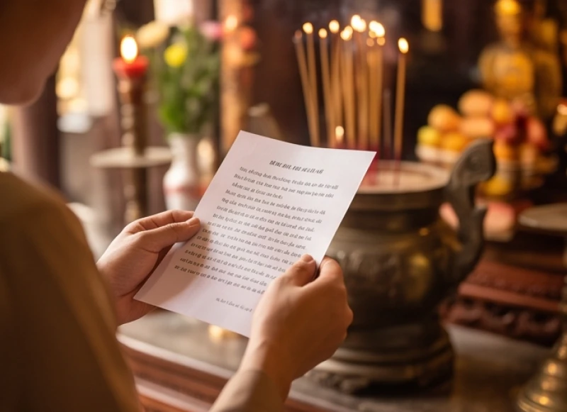 Người dâng lễ cầm tờ sớ tấu và văn khấn đọc nhẩm trước ban thờ Công Đồng