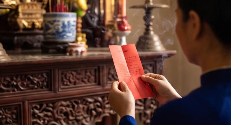 Văn khấn miếu Cô: Bài mẫu điền từ và bảng màu đồ mã chuẩn 4 Người hành lễ cẩn thận cầm tờ sớ đỏ đọc văn khấn trước ban thờ với phong thái tĩnh tại và trang nghiêm