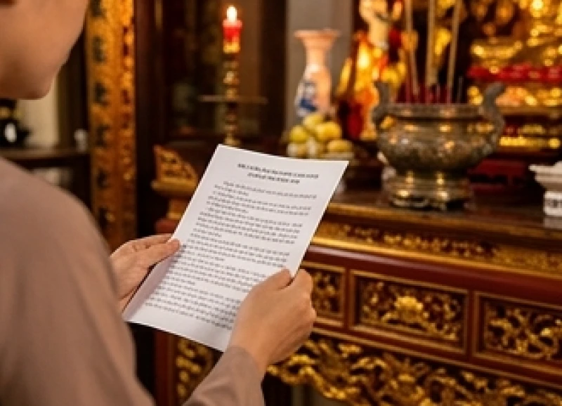 Văn khấn tại đền phủ: Trình tự dâng lễ & bài khấn chuẩn nghi lễ 8 Gia chủ cẩn thận cầm tờ giấy in bài văn khấn tại đền phủ để đọc rõ ràng từng lời nguyện cầu