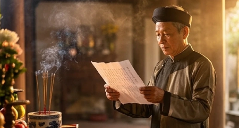 Chủ tế mặc trang phục truyền thống thành tâm đọc bài văn khấn lễ hội đình làng cổ truyền dâng lên chư vị Thần Hoàng