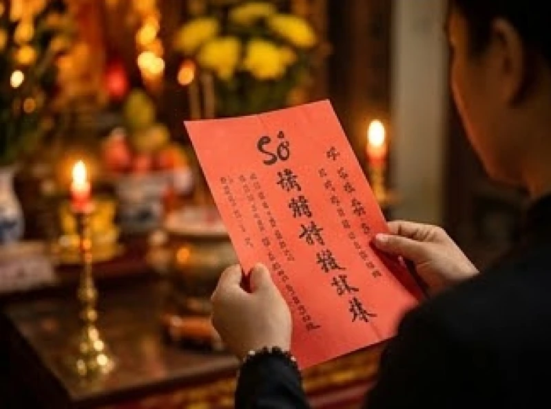 Tín chủ cầm tờ sớ đỏ thành tâm nhẩm đọc bài văn khấn Bà Chúa Kho bản đầy đủ