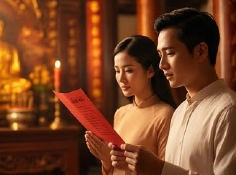 Hai vợ chồng chắp tay hướng về tượng Mụ Bà và Đức Ông để cầu mong một mụn con trai khỏe mạnh