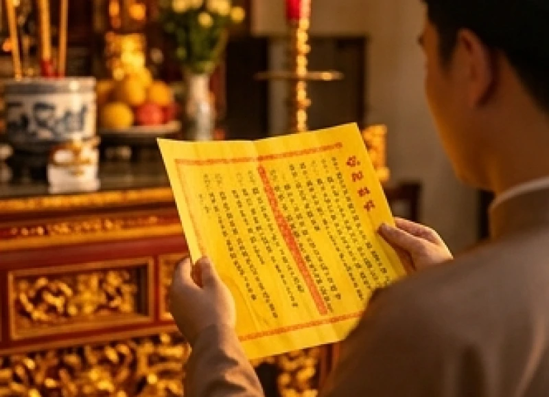Tín chủ chăm chú đọc rõ ràng tờ sớ xin vay vốn có ghi cụ thể số tiền tượng trưng