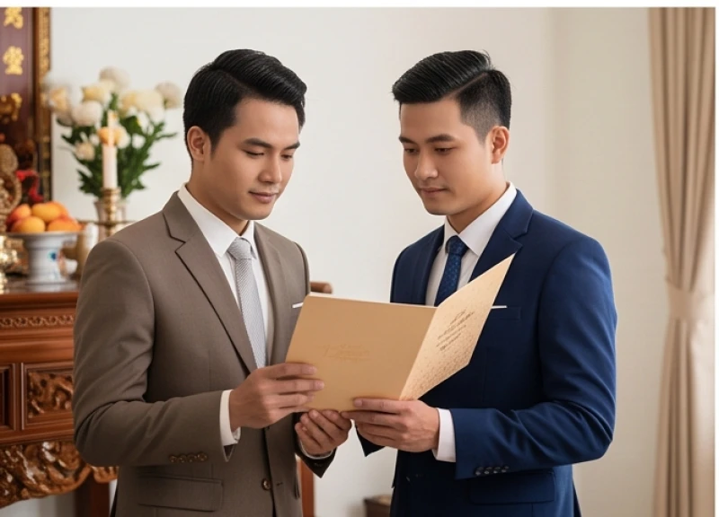 Chú rể tự tin cầm bản văn khấn gia tiên rút gọn đọc dõng dạc trước sự chứng kiến của hai họ