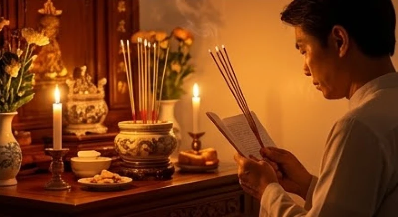 Gia chủ đang thành kính chắp tay châm nhang và đọc văn khấn bốc bát hương gia tiên nội ngoại