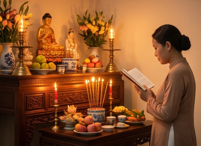Văn khấn lập điện thờ tại gia: Trình tự an vị và sắm lễ chuẩn 9 Tín chủ mặc áo dài truyền thống chắp tay cung kính đọc văn khấn an vị bát hương trước pháp đàn