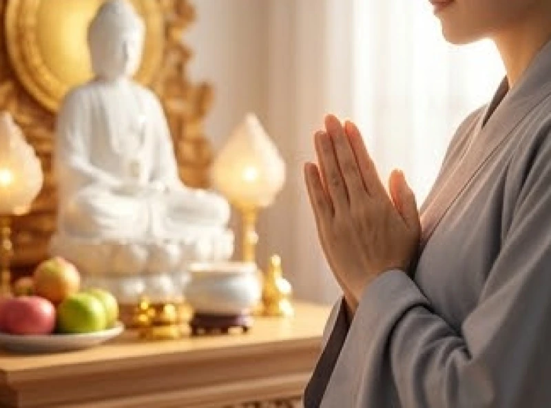 Chủ lễ chắp tay thành kính trước án tọa để trì tụng lời khấn nguyện thỉnh Phật an vị