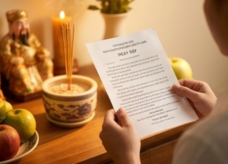 Gia chủ trang nghiêm chắp tay đọc bài văn khấn an vị Thần Tài Thổ Địa trước bàn thờ