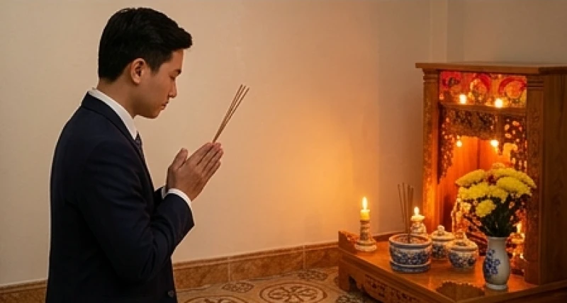 Người đàn ông chắp tay trang nghiêm đọc bài văn khấn trước mâm lễ cúng Thần Tài rực sáng ánh nến