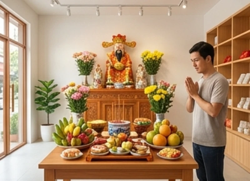 Thực hiện nghi thức đọc văn khấn nhập trạch và an vị bàn thờ Thần Tài tại cửa hàng mới