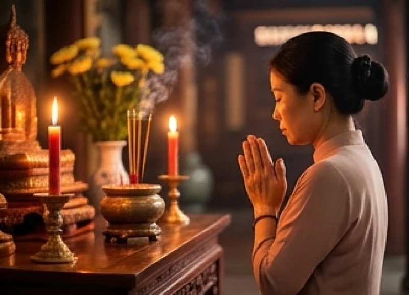 Tín đồ chắp tay thành kính đọc bài văn khấn Bà Chúa Xứ tại không gian linh thiêng của miếu