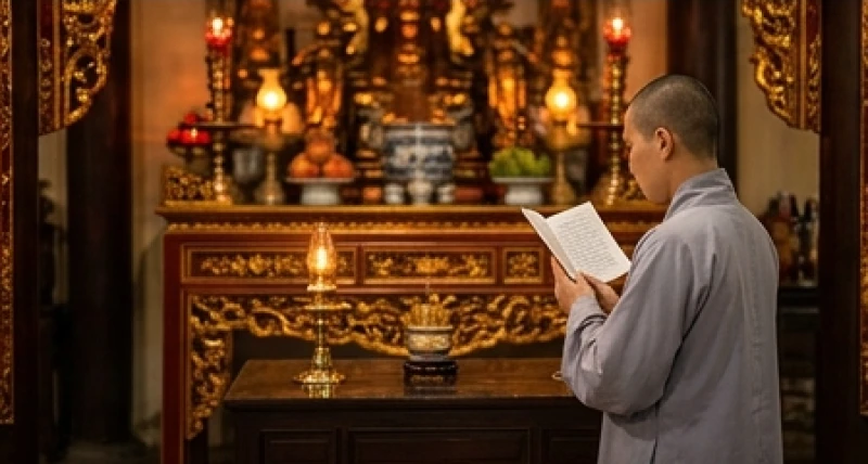 Tín chủ chắp tay thành kính đọc bài văn khấn Đền Ghềnh trước Ban Công Đồng trang nghiêm