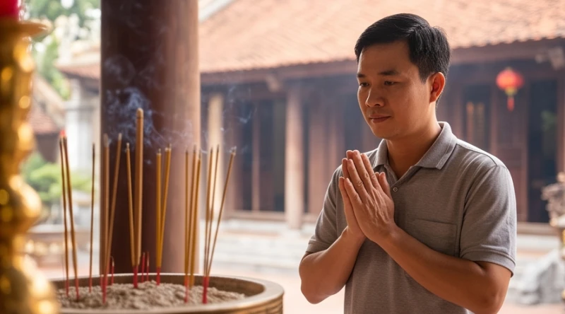 Văn khấn chuộc khoán cho con: Sắm lễ vật và quy trình bài bản 5 Người cha thành kính chắp tay trước ban Đức Ông, tĩnh tâm đọc bài văn khấn chuộc khoán tạ ơn thần linh